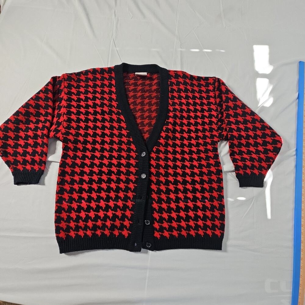 Vintage One Step Up Women's M Red Black Houndstooth Cardigan Sweater 80s 90s